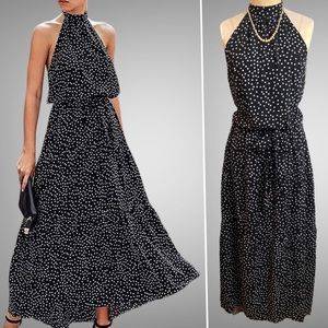 Temofon black with white polka dots backless halter maxi sundress- M